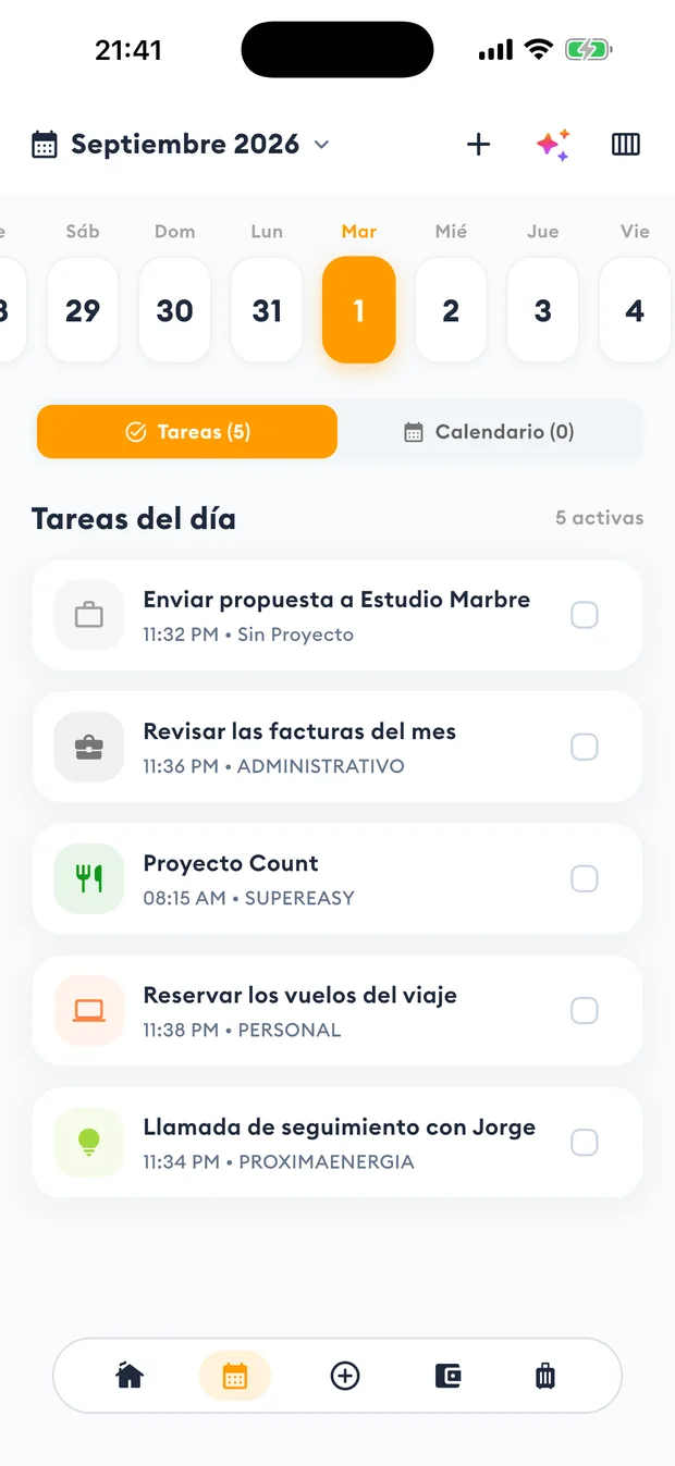 Pantalla de agenda de Aldía con las tareas del día