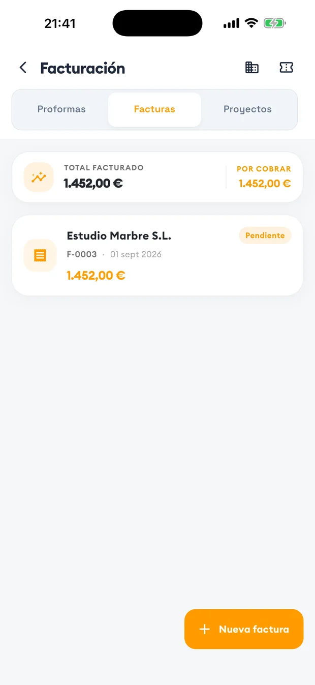 Listado de facturas con total facturado y por cobrar